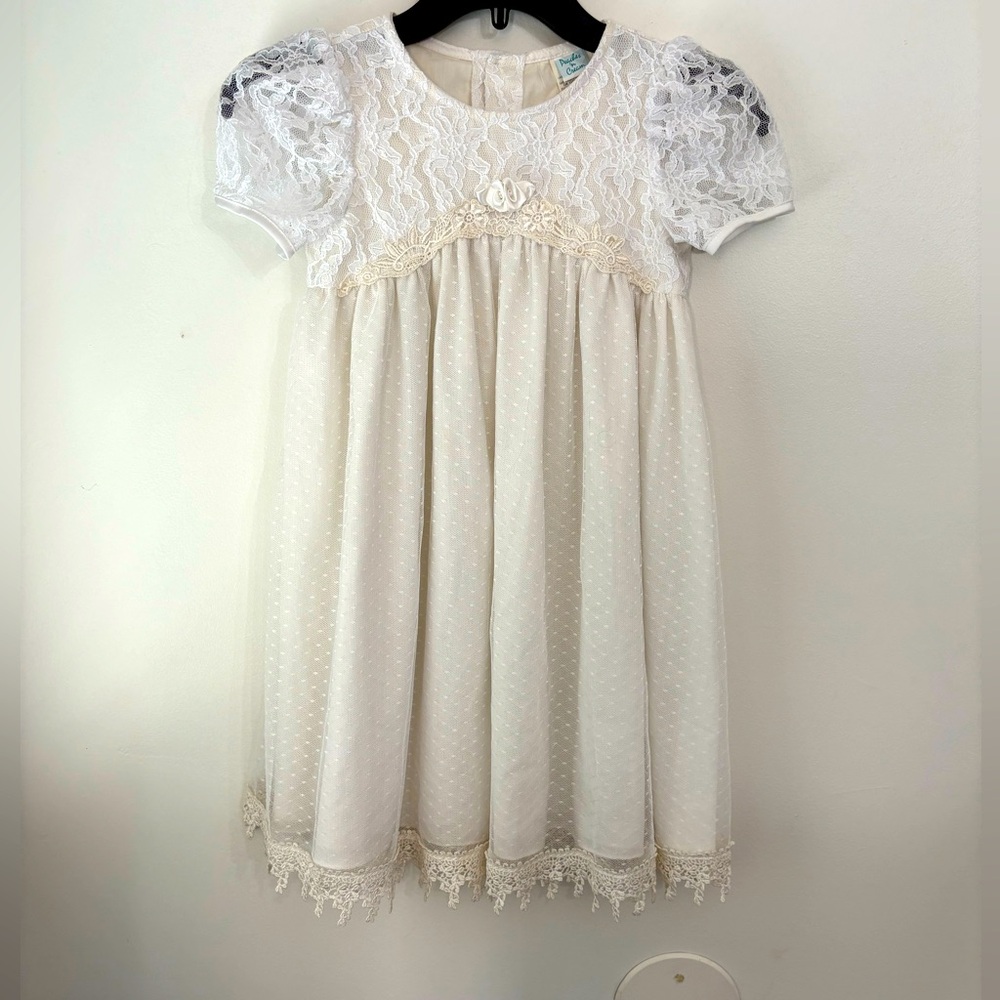 Vintage Peaches n cream Elegant White and Cream Lace Dress for Girls Size 6X